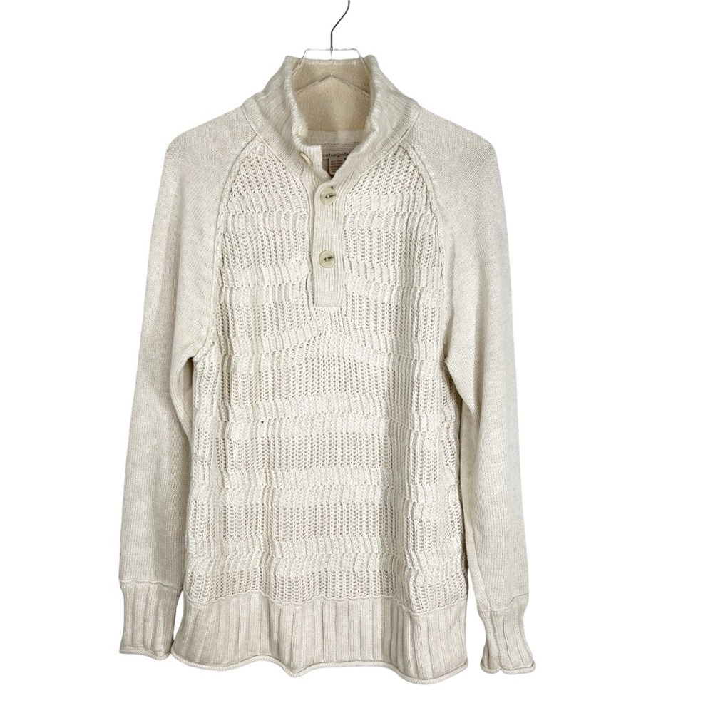 CARBON2COBALT Ivory Cable Knit Sweater Mock Neck Henley Button up Men's Large